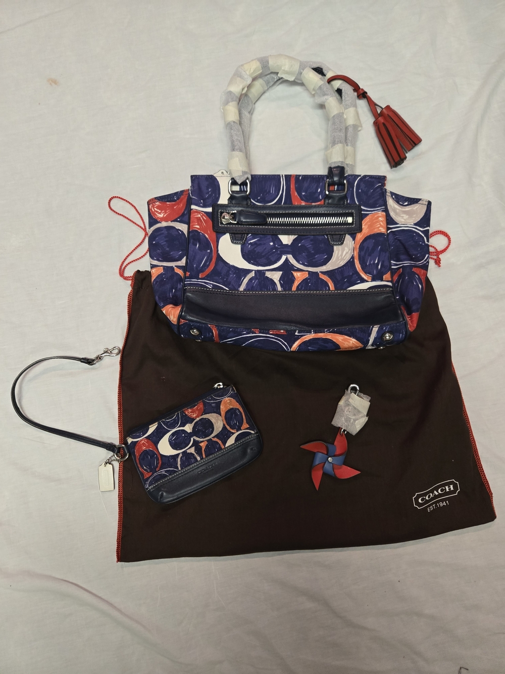 Coach Signature Circle Print Tote in Navy, Red & White